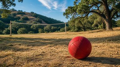 Una pelota roja de voleibol en el suelo frente a una red
